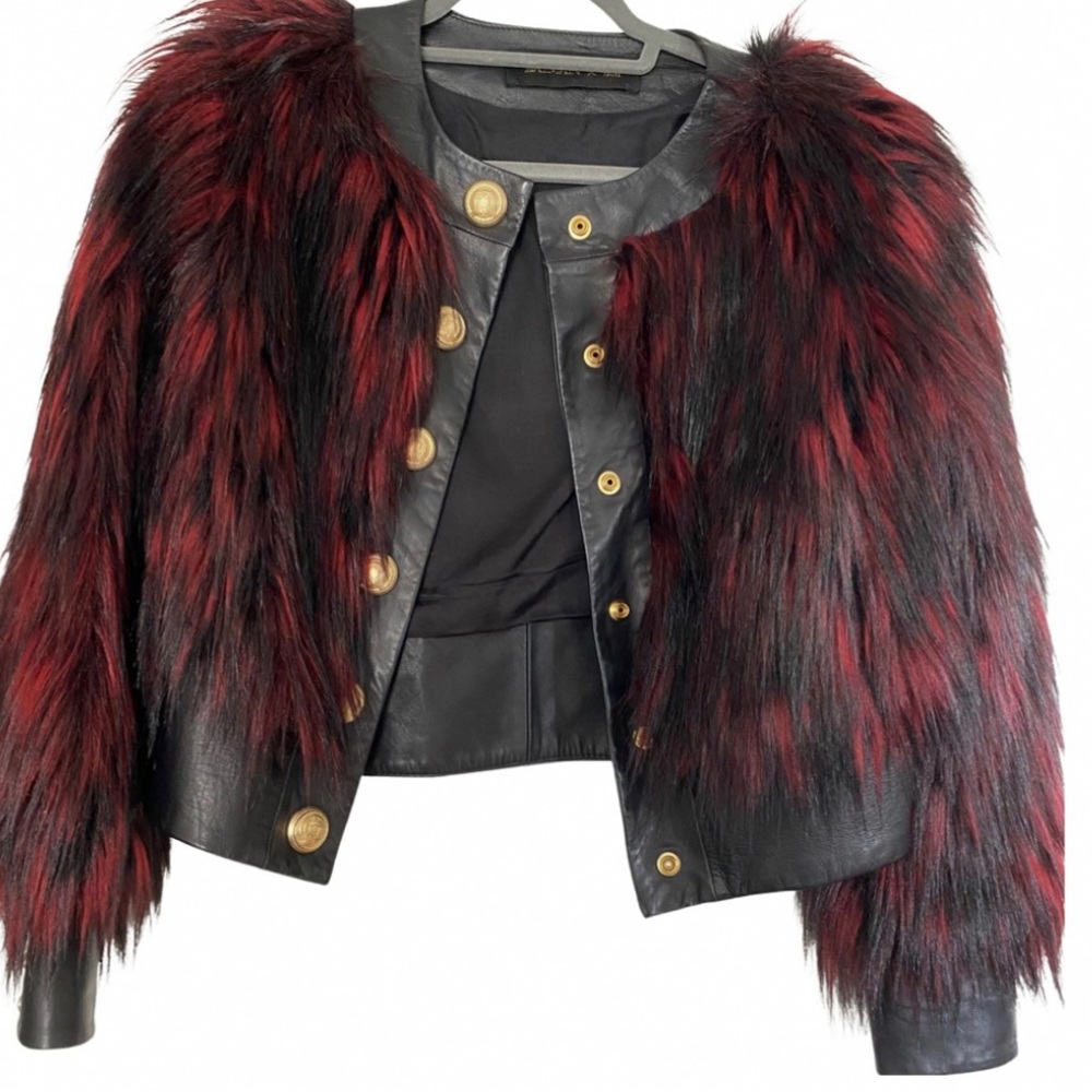 Beautiful Balmain X H&m Faux Fur Leather Jacket US Size 6 EUR 36 !!!